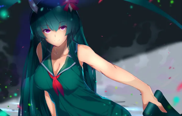 Red eyes, green hair, long hair, bangs, sailor, red tie, Touhou Project, Project East