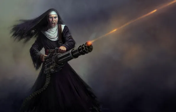 Picture rage, nun, machine gun, wasteland, trading-card