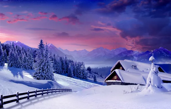 Winter, snow, tree, village, hut, landscape, winter, snow