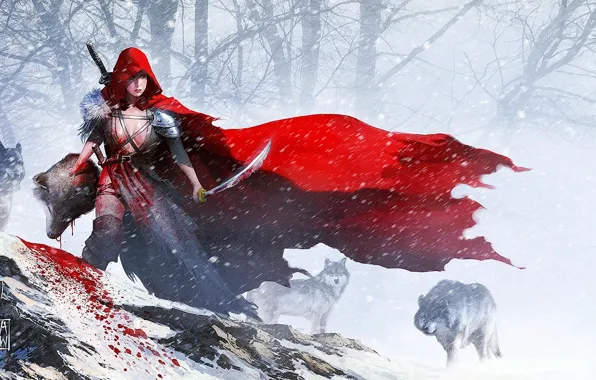 Girl, snow, weapons, blood, sword, little red riding hood, head, art