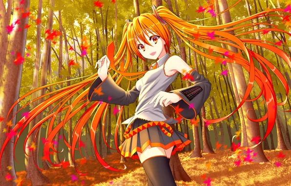 Picture autumn, leaves, girl, trees, art, tie, form, vocaloid
