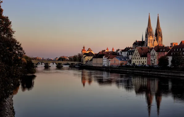 Sunset, bridge, river, shore, home, Germany, Bayern, Regensburg