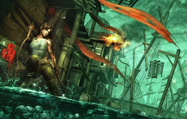 Picture water, girl, fire, the game, ship, bow, art, skull