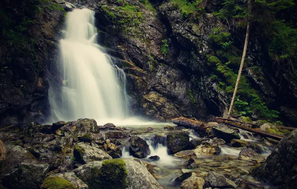 Stones, waterfall, moss