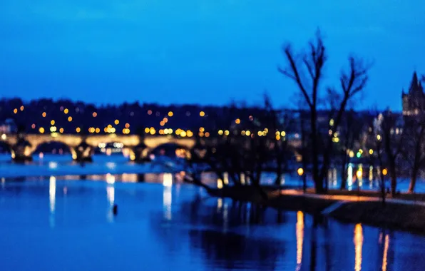 Lights, twilight, dusk, reflection, Prague, blue hour, Czech Republic, Charles Bridge