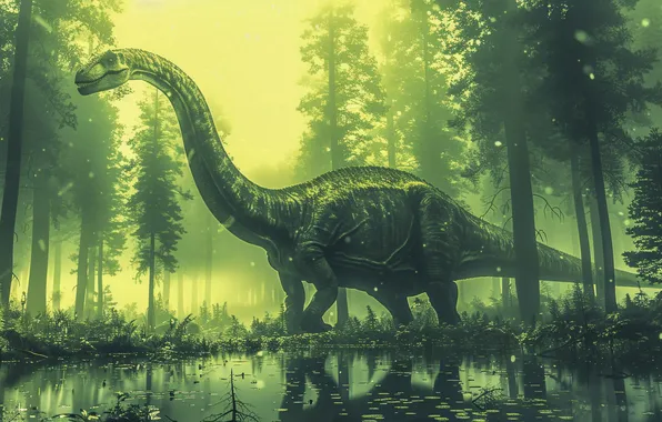 Lake, Trees, Dinosaur, Animal, Digital art, Ancient animals, Extinct animals, Prehistoric