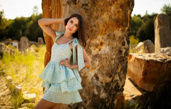 Look, girl, pose, stones, hands, long hair, sundress, Dmitry Shulgin
