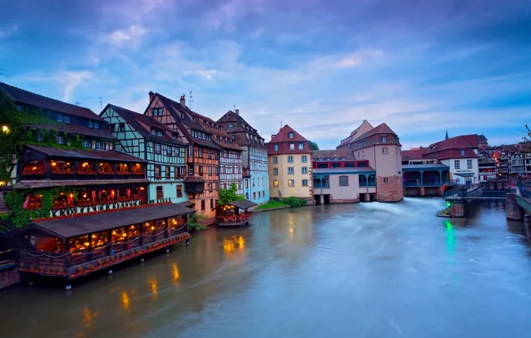 Picture the city, river, France, building, home, lighting, twilight, Strasbourg