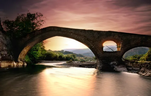 Landscape, sunset, bridge, nature, river, Greece, forest, Bank