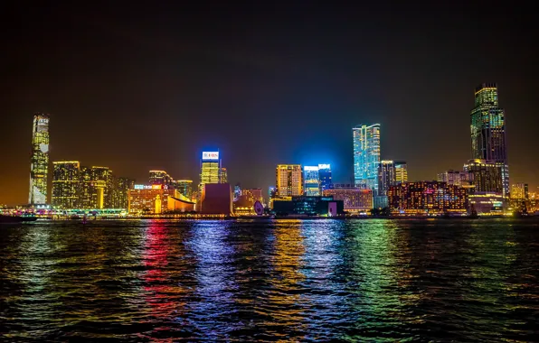 City, lights, colors, sea, water, night, city lights, Hong Kong