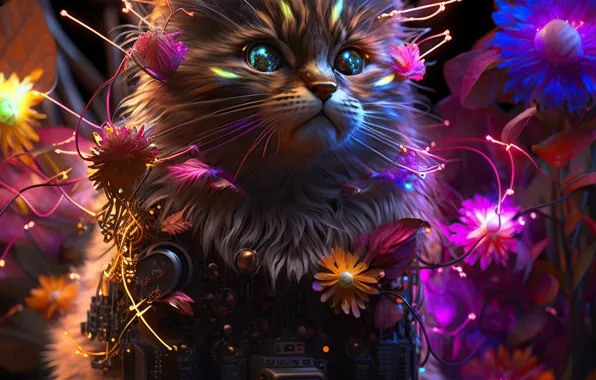 Picture Flowers, Cat, Cat, Cyber Cat, AI art, The Art of Artificial Intelligence, Neural network, Cybercote