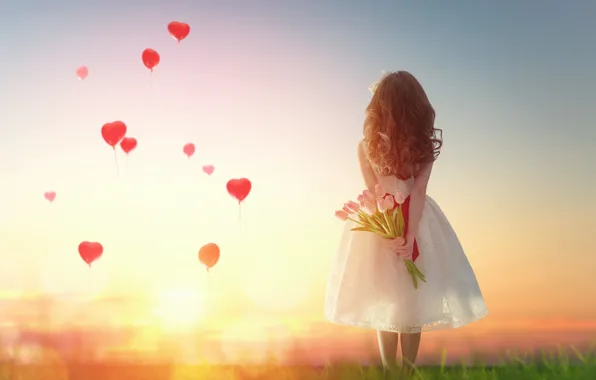 Love, sunset, heart, girl, love, heart, romantic, balloon