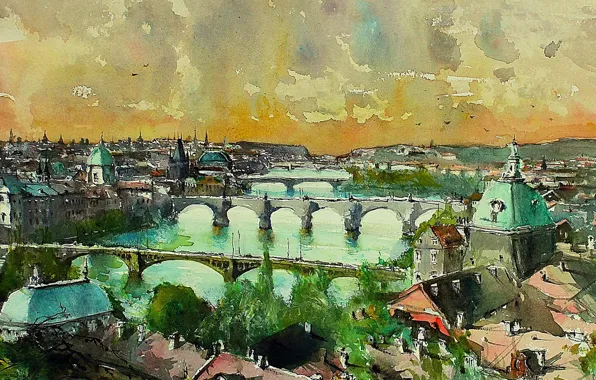 River, picture, Prague, watercolor, panorama, bridges, the urban landscape, Maximilian DAmico