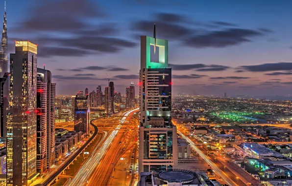 Road, the sky, clouds, night, the city, lights, lights, movement