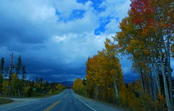 Road, autumn, the sky, trees, mountains, clouds