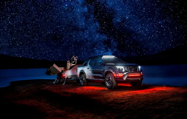 Night, stars, backlight, Nissan, pickup, the trailer, 2018, Navara
