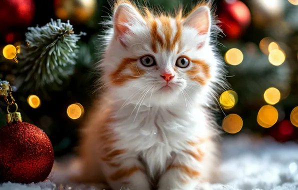 Snow, Kitty, Cats, New year, Tree, Bokeh, White cat, Red cat
