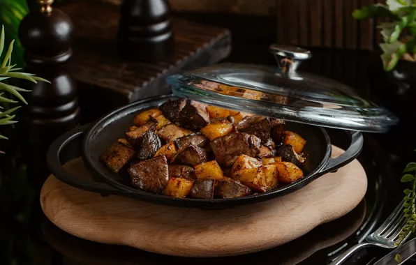 Meat, dish, potatoes, pan, potatoes