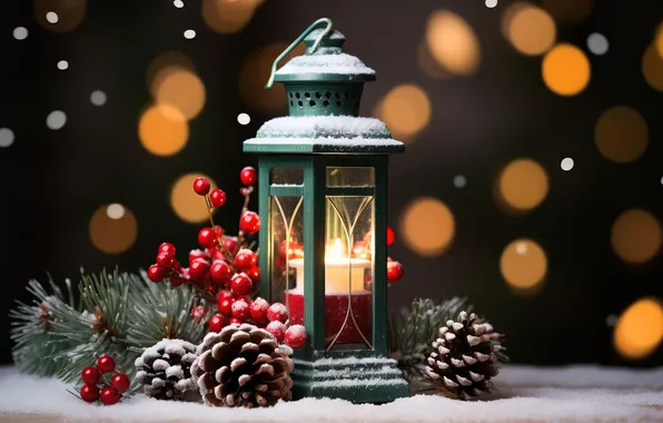 Winter, snow, night, Christmas, lantern, New year, Christmas, night