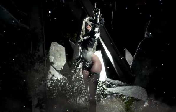Picture PlayStation, thighs, dark background, blindfold, Nier Automata, Stellar Blade, Eve