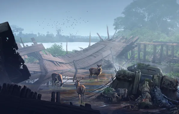 Destruction, deer, gathering, the clash between nature Vs industrialization, 4th World