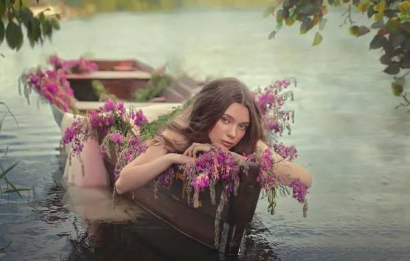 Water, girl, flowers, face, pose, mood, boat, Pauline