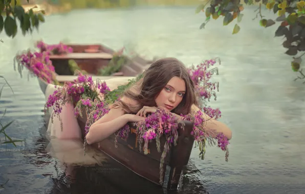 Picture water, girl, flowers, face, pose, mood, boat, Pauline