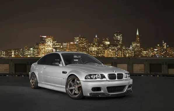 Picture roof, the sky, bmw, BMW, coupe, night city, front view, silvery