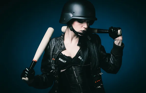 Picture girl, face, background, helmet, leather jacket, baseball bats