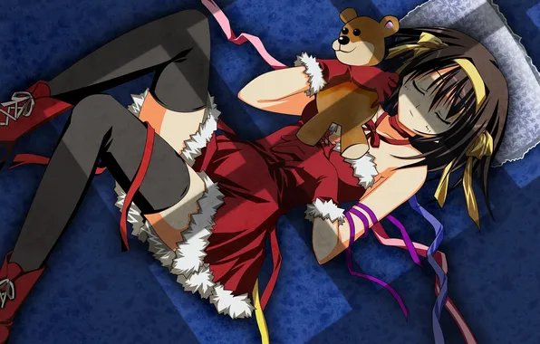 Picture girl, tape, toy, stockings, dress, bear, sleeping, pillow