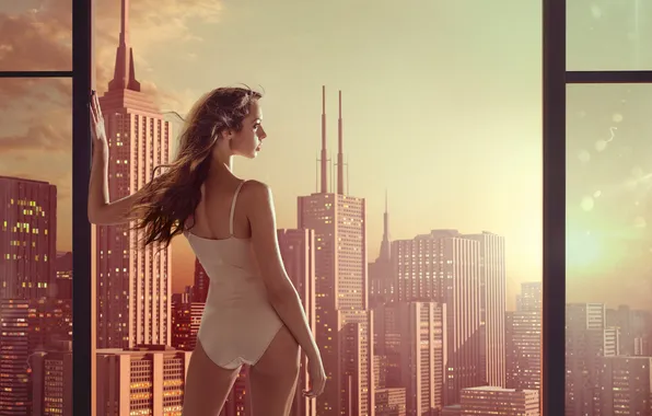 Picture swimsuit, girl, the city, the wind, window, profile, brown hair, skyscrapers