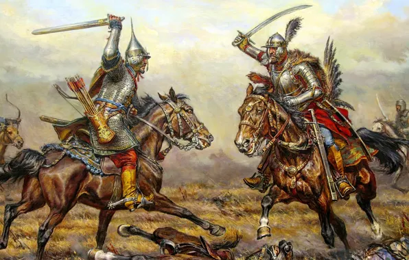 Picture horses, armor, battle, warriors, pole, hussars, Rusich