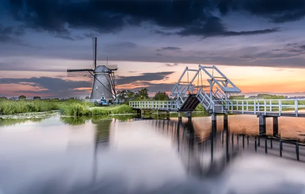 Water, landscape, bridge, nature, village, mill, Netherlands, Kinderdijk