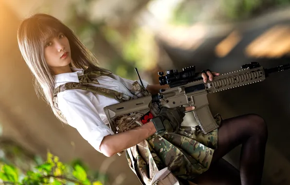 Picture summer, girl, cutie, assault rifle