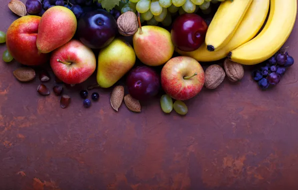 Background, apples, grapes, bananas, fruit, nuts, plum, pear