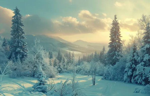 Winter, frost, forest, the sky, clouds, snow, mountains, branches