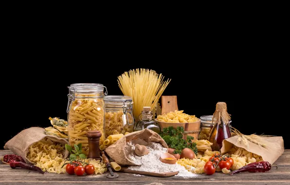 Banks, black background, tomatoes, different, parsley, flour, pasta, cuts
