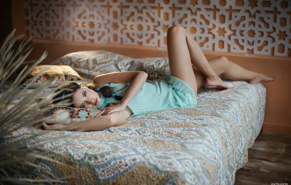 Women, brunette, bed, green dress, in bed, wooden floor, looking at viewer, Disha Shemetova