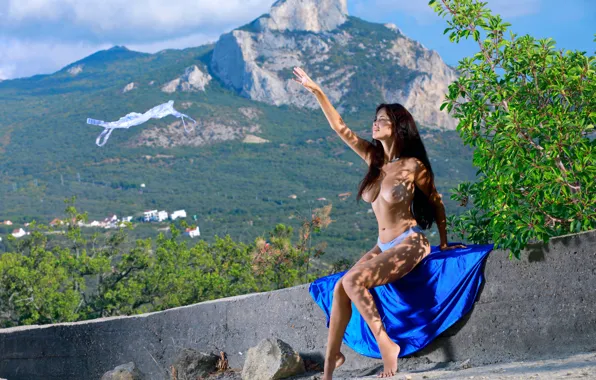 Chest, mountains, nature, panties, tummy, nipples, bra, legs
