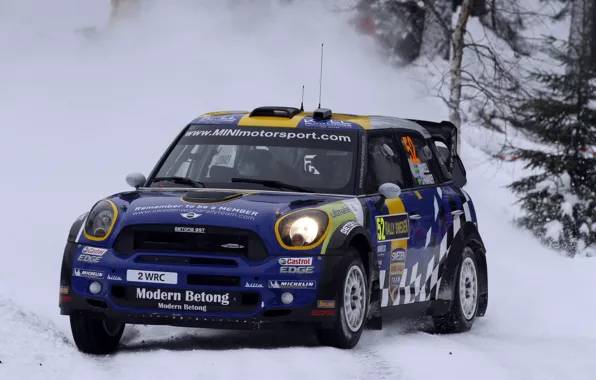 Winter, The evening, Mini, Blue, Snow, Race, Lights, wrc