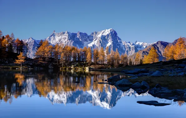 Autumn, the sky, snow, trees, mountains, lake, reflection