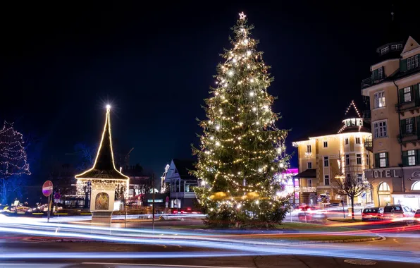 Winter, night, street, tree, new year, Austria, garland