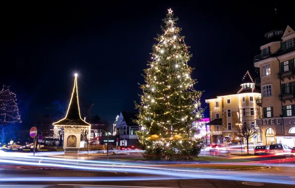 Winter, night, street, tree, Austria, New year, garland