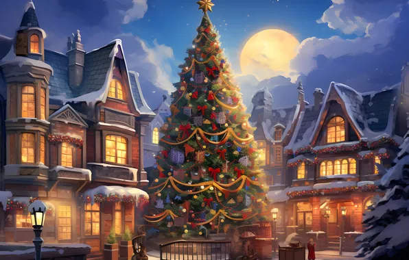 Home, Winter, The evening, Lights, The moon, Christmas, New year, Tree
