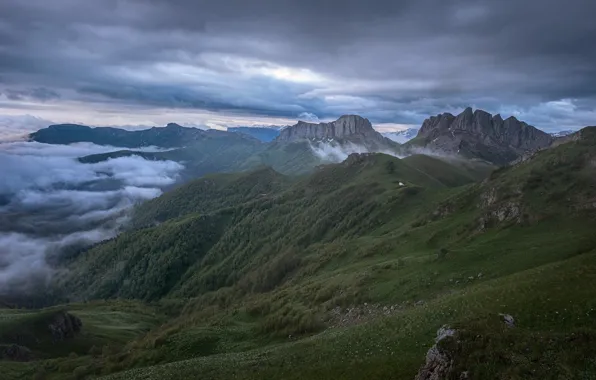 The sky, trees, mountains, clouds, nature, fog, rocks
