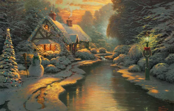 House, forest, Christmas, river, sunset, brook, snow, Thomas Kinkade
