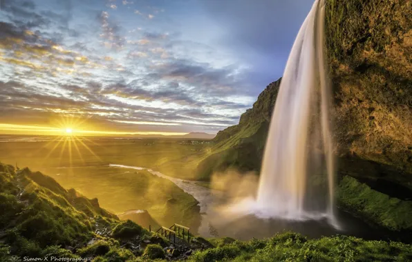 Field, the sky, the sun, waterfall, meadow, Iceland, Seljalandsfoss