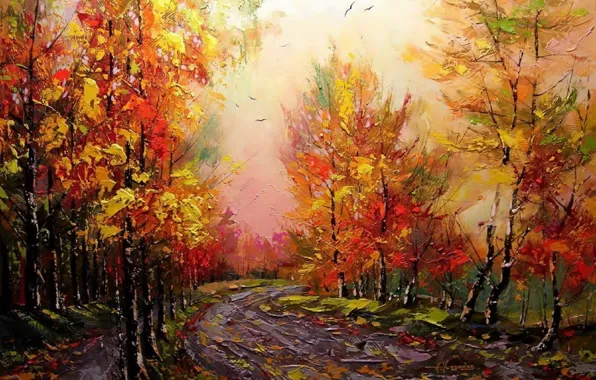 Road, autumn, landscape, Park, picture, morning, painting, red