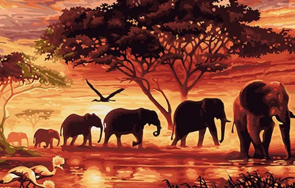 Trees, Birds, Art, River, Elephants, Savannah