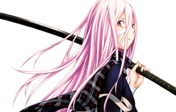 Katana, scarf, white background, schoolgirl, pink hair, bandage, School wars, Ikki Tousen